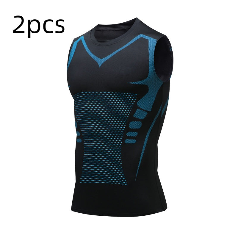 Black sleeveless athletic shirt with blue accents on a white background
