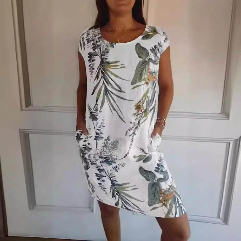 Floral Leaf Print Cotton Summer Dress with Pockets - ZA-Zola