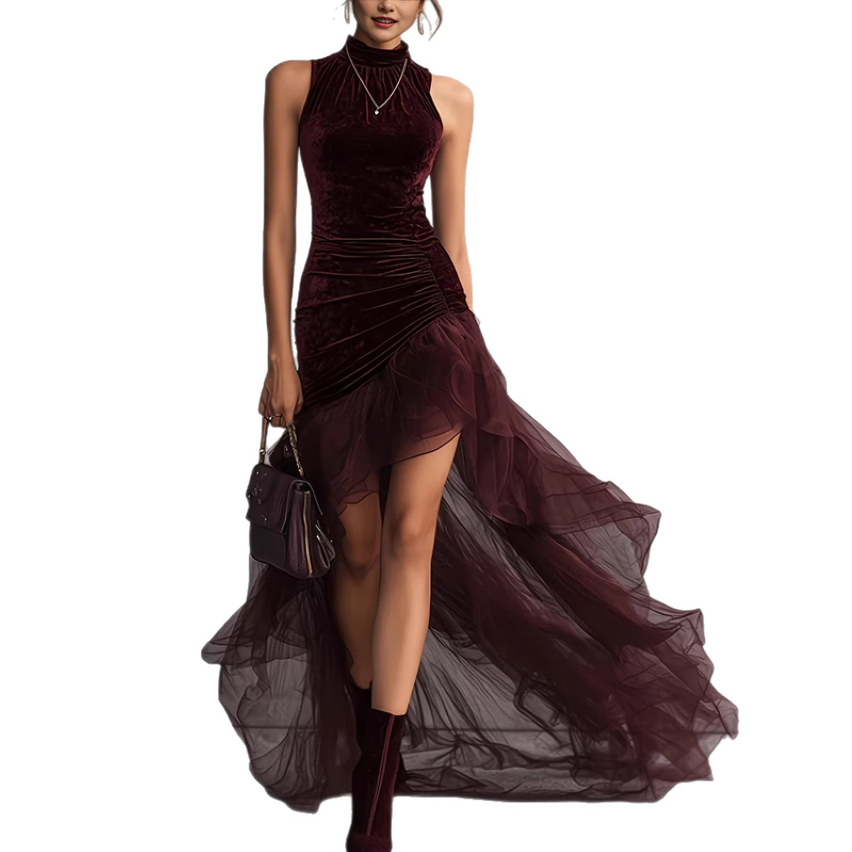 Woman wearing a burgundy evening gown with sheer overlay on a white background