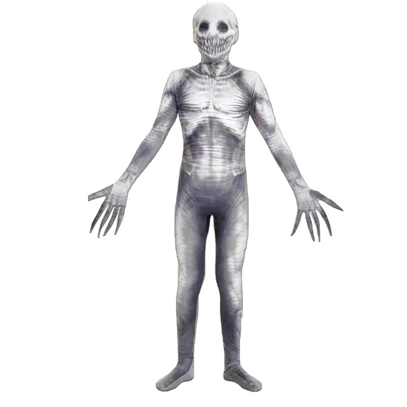 A full-body skeleton costume worn by a person, featuring a white skull mask with a stitched grimacing face and gray-silver textured body paint or suit, shown against a plain white background.