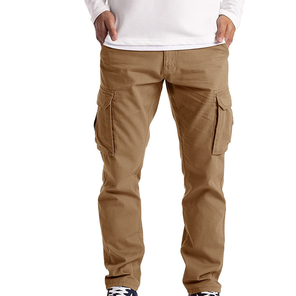 Tan cargo pants worn by a person on a white background
