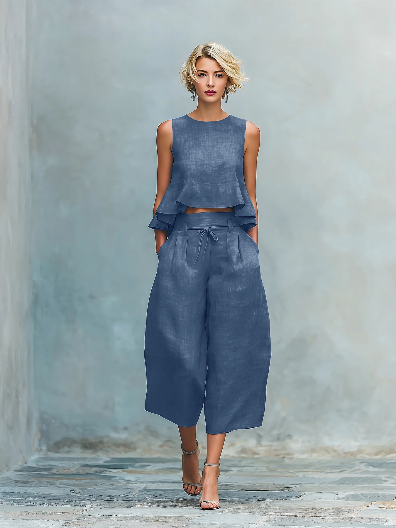 Woman wearing a blue outfit standing against a gray concrete wall.