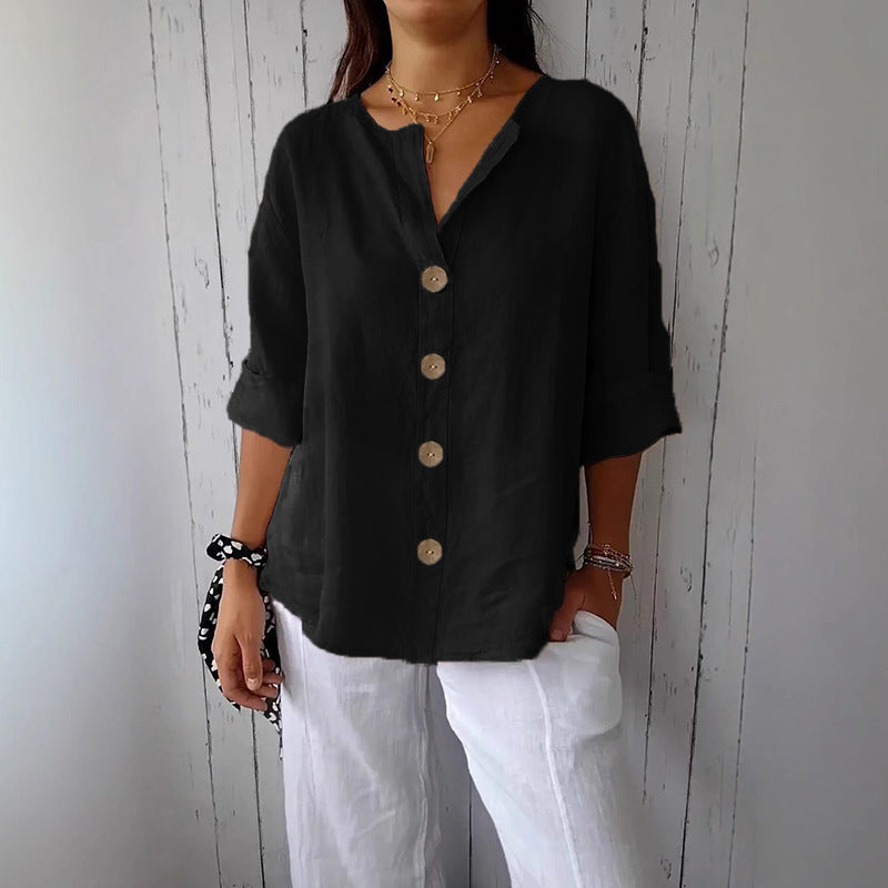 Loose-Fit V-Neck Cotton-Linen Button T-Shirt Top Women