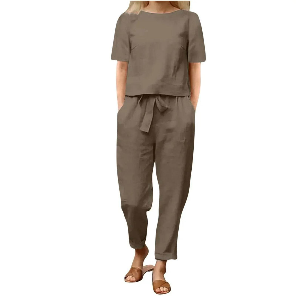 Woman wearing a casual brown linen two-piece outfit with short sleeves and a waist tie, ZA-Zola fashion