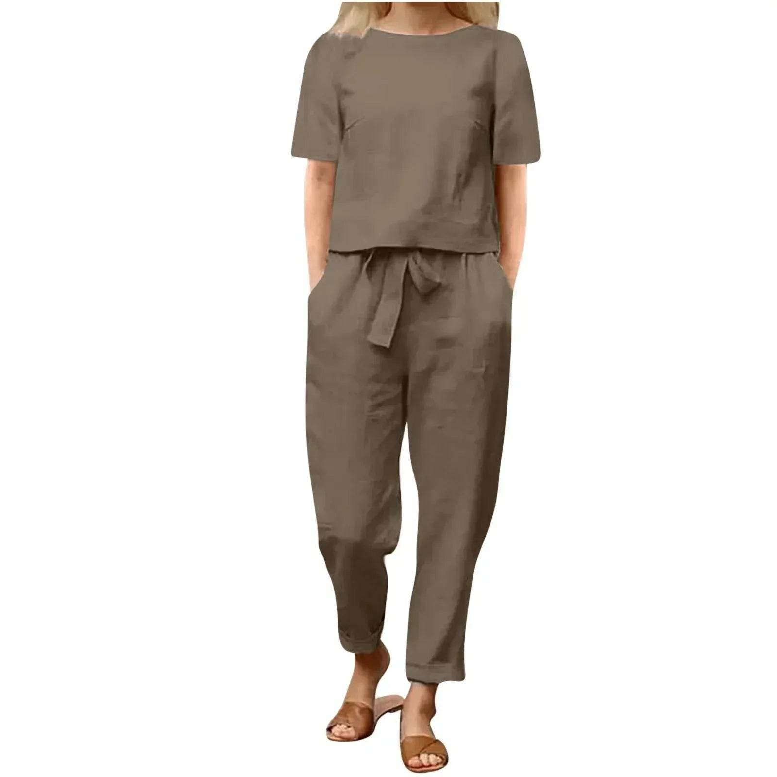 Woman wearing a casual brown linen two-piece outfit with short sleeves and a waist tie, ZA-Zola fashion