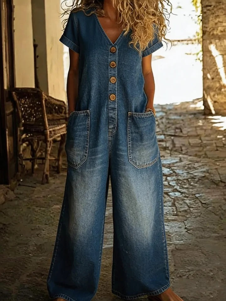 Woman wearing a denim jumpsuit standing in a rustic outdoor setting.