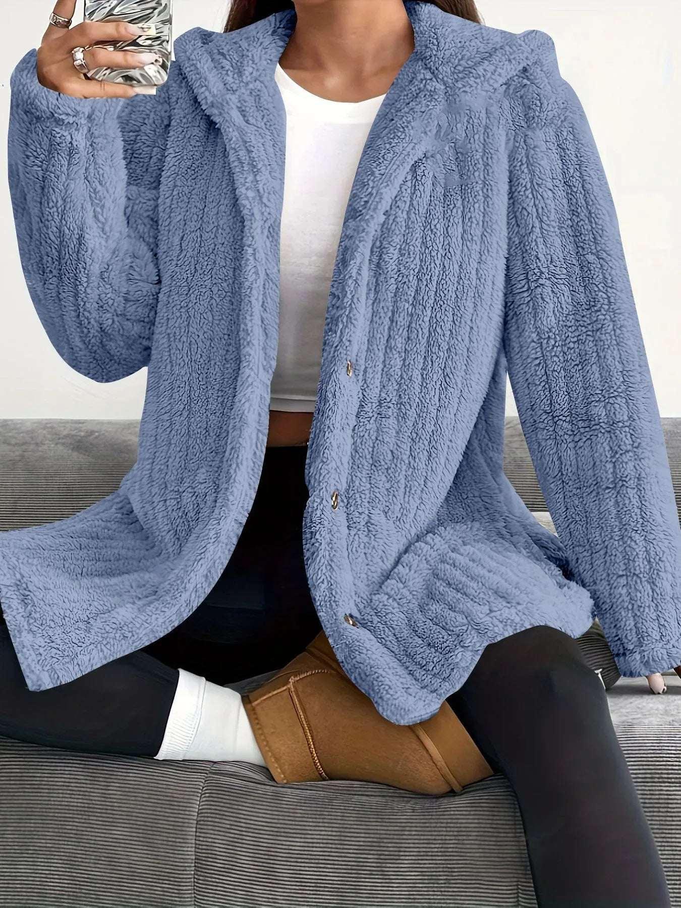 Women’s Hooded Plush Coat – Loose Long Sleeve Jacket - ZA-Zola
