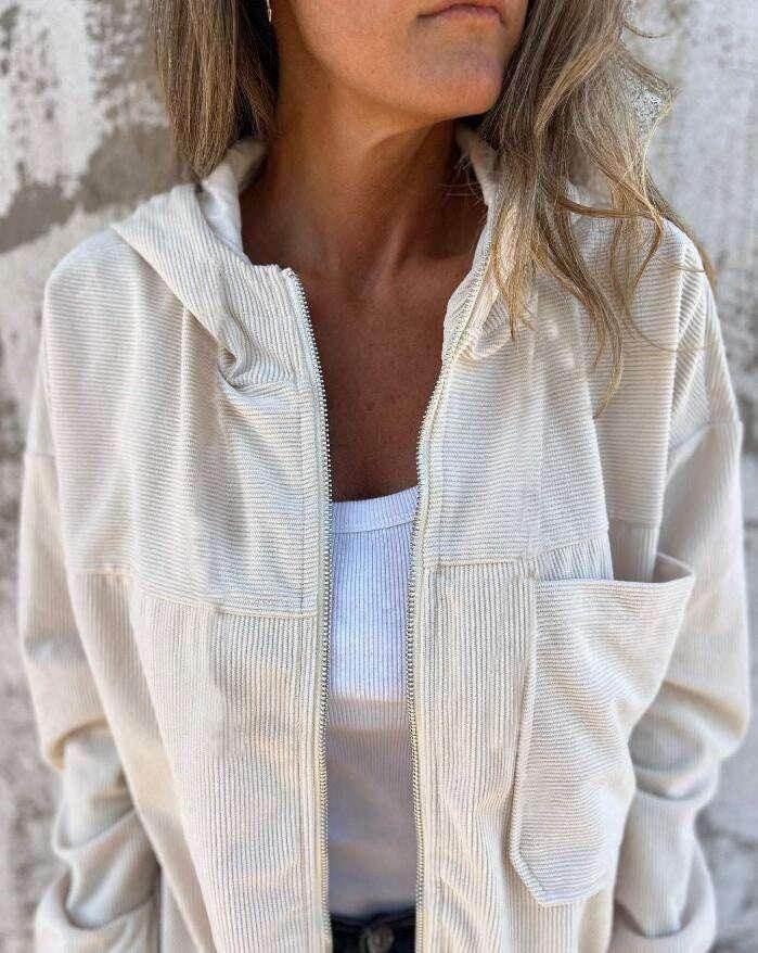 Women’s Corduroy Hooded Jacket with Zipper - ZA-Zola