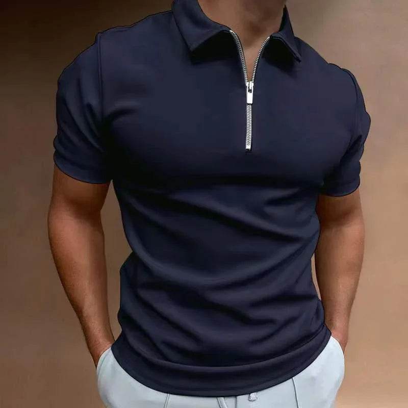 Men's navy short sleeve zip polo shirt from ZA-Zola, stylish modern fashion apparel.