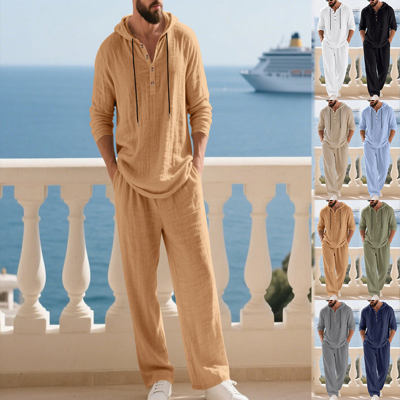 Man wearing a beige outfit with a scenic ocean view and additional outfits displayed on the right.