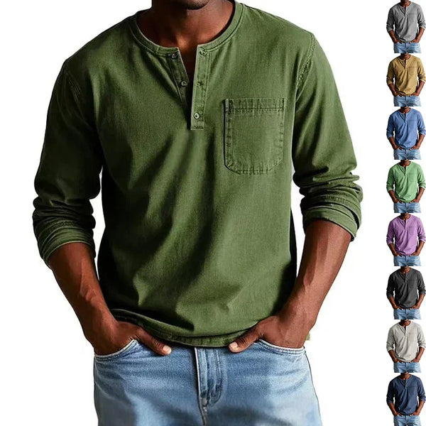 Green long-sleeve shirt worn by a person with multiple color options displayed below.