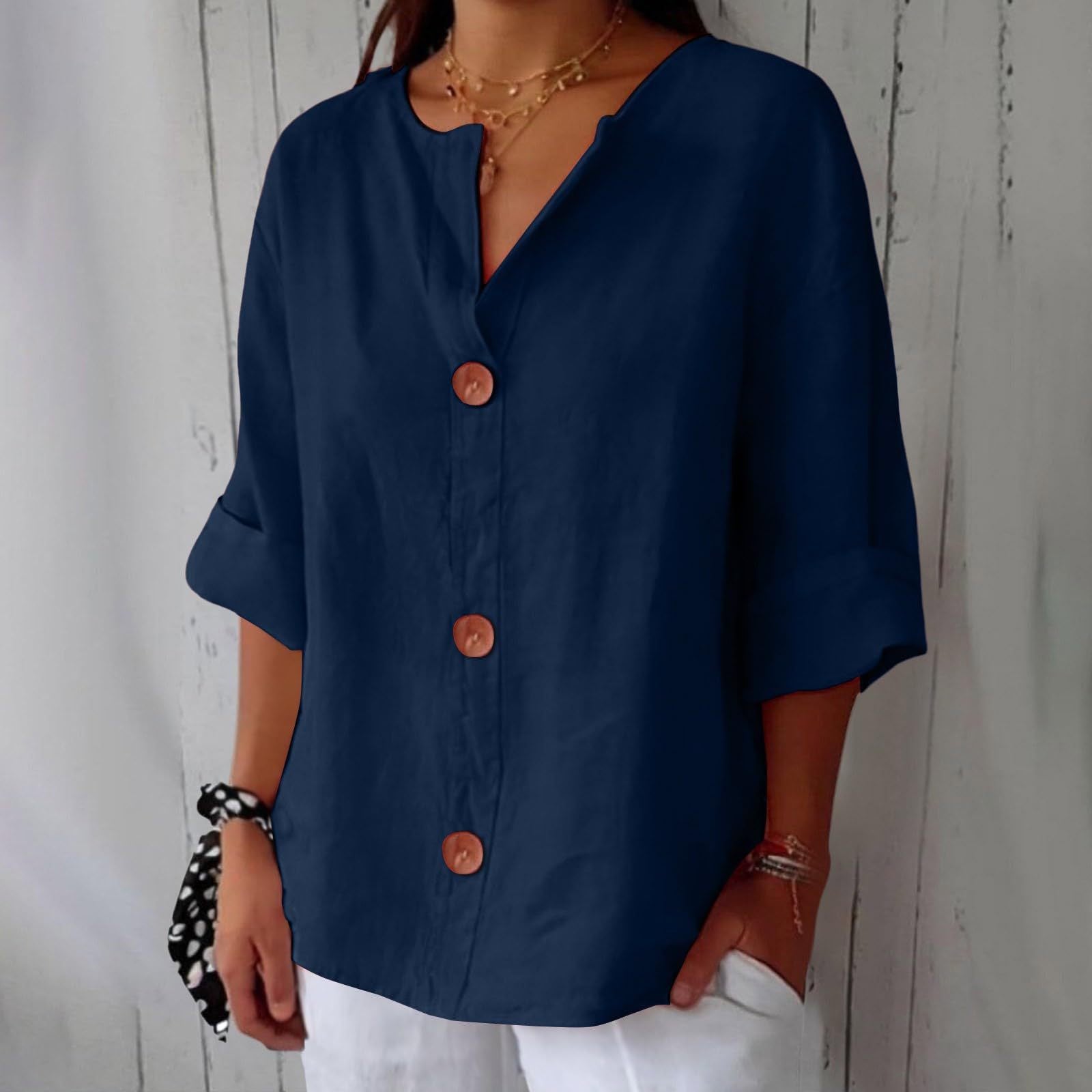 Loose Comfort V-Neck Cotton Linen Button Top