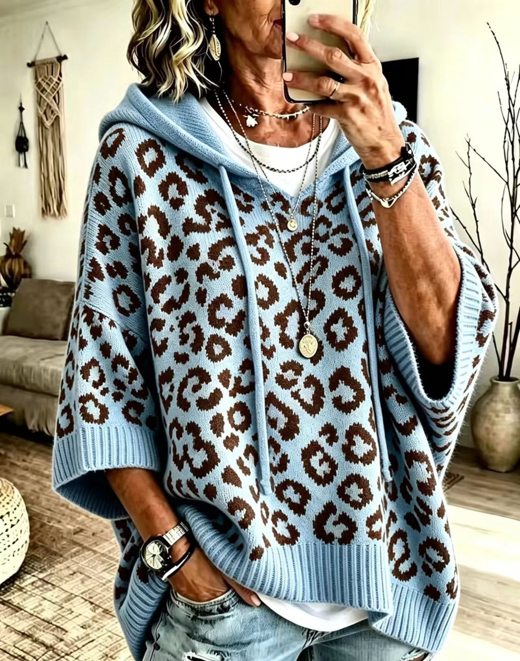 Leopard Print Hooded Pullover Sweater | Women’s Knit