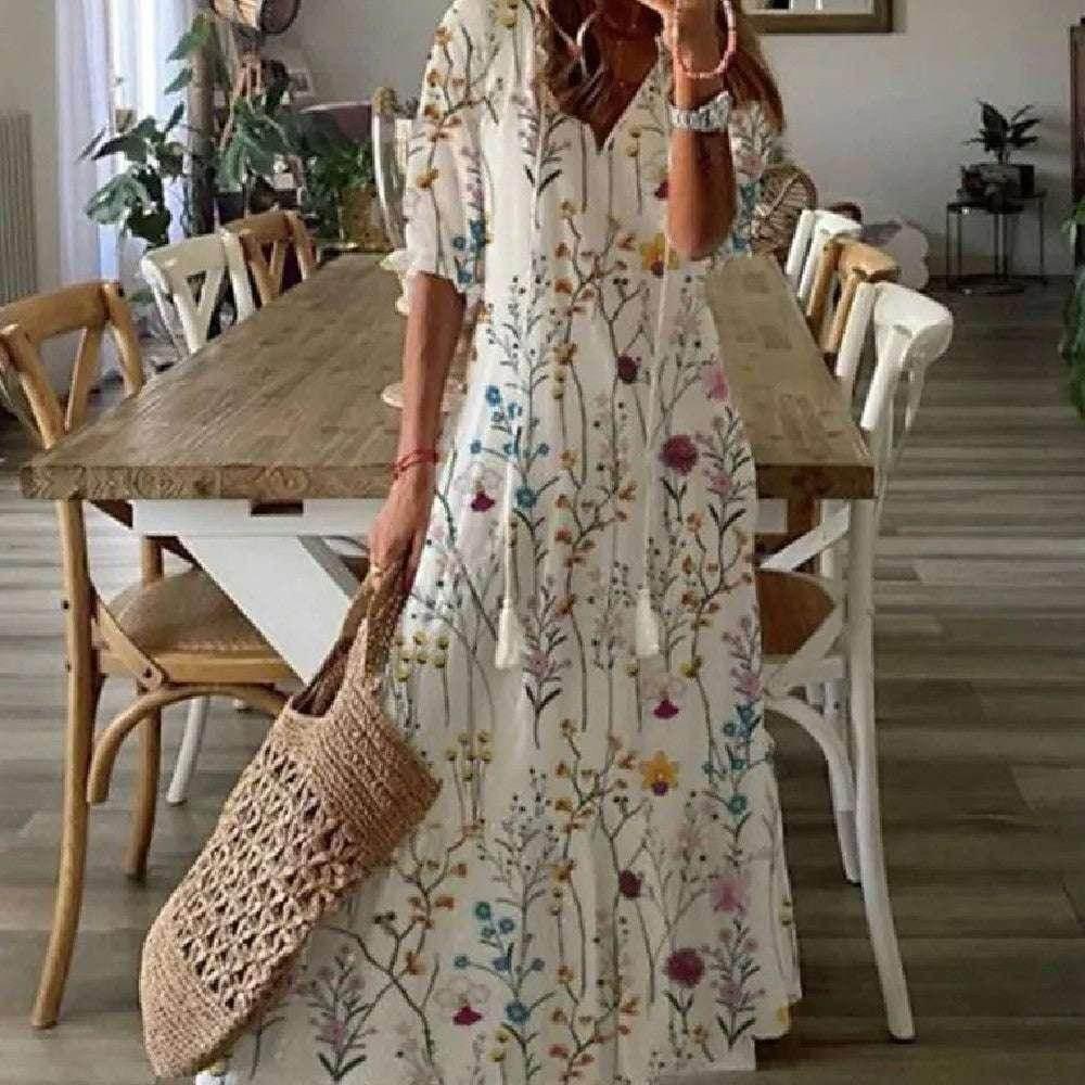 Floral V-Neck Long Dress – Elegant & Flowy Fit - ZA-Zola