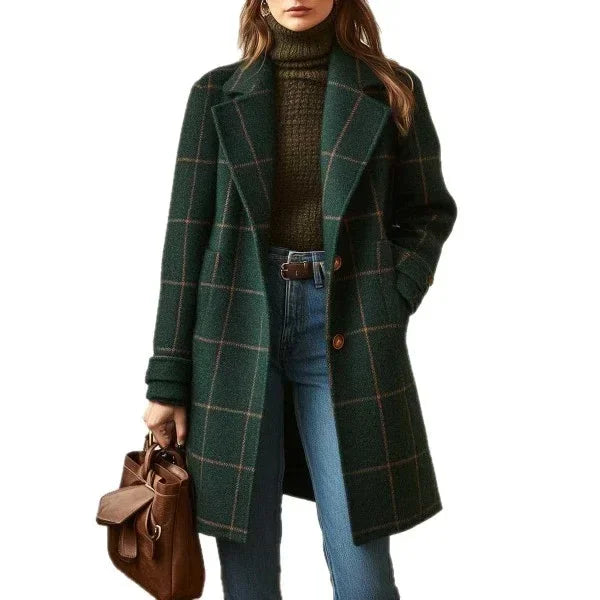 Plaid Mid Length Jacket Women Large Size Lapel - ZA-Zola
