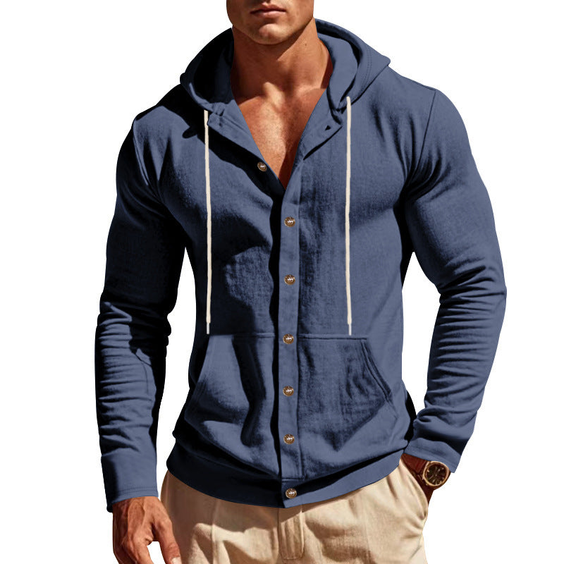 Blue hoodie with button details on a white background