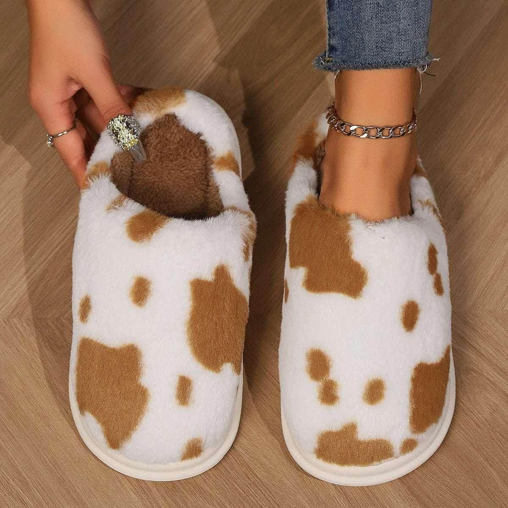 Cow Spotted Plush Slippers – Cozy Winter Warmth - ZA-Zola