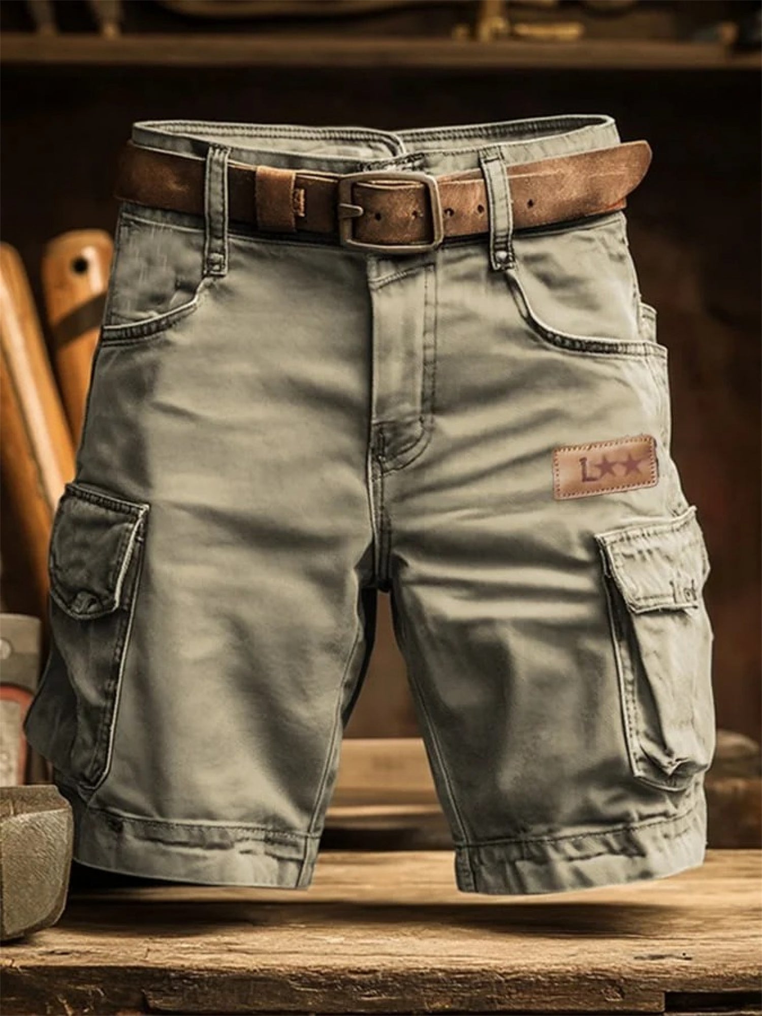 Green cargo shorts with a brown belt on a wooden surface