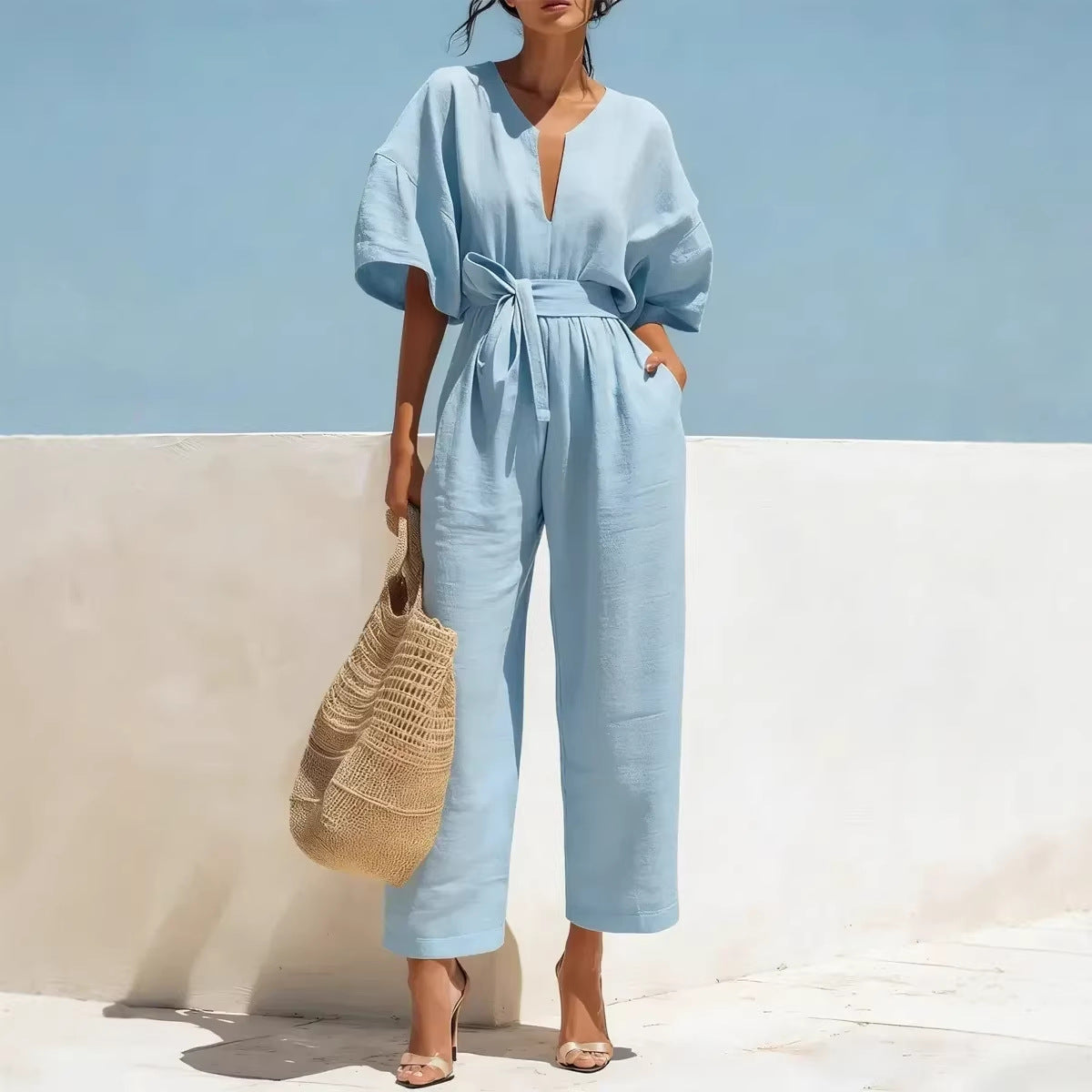 Fashionable V-Neck Cotton Linen Jumpsuit for Women – Solid Color Wide Leg