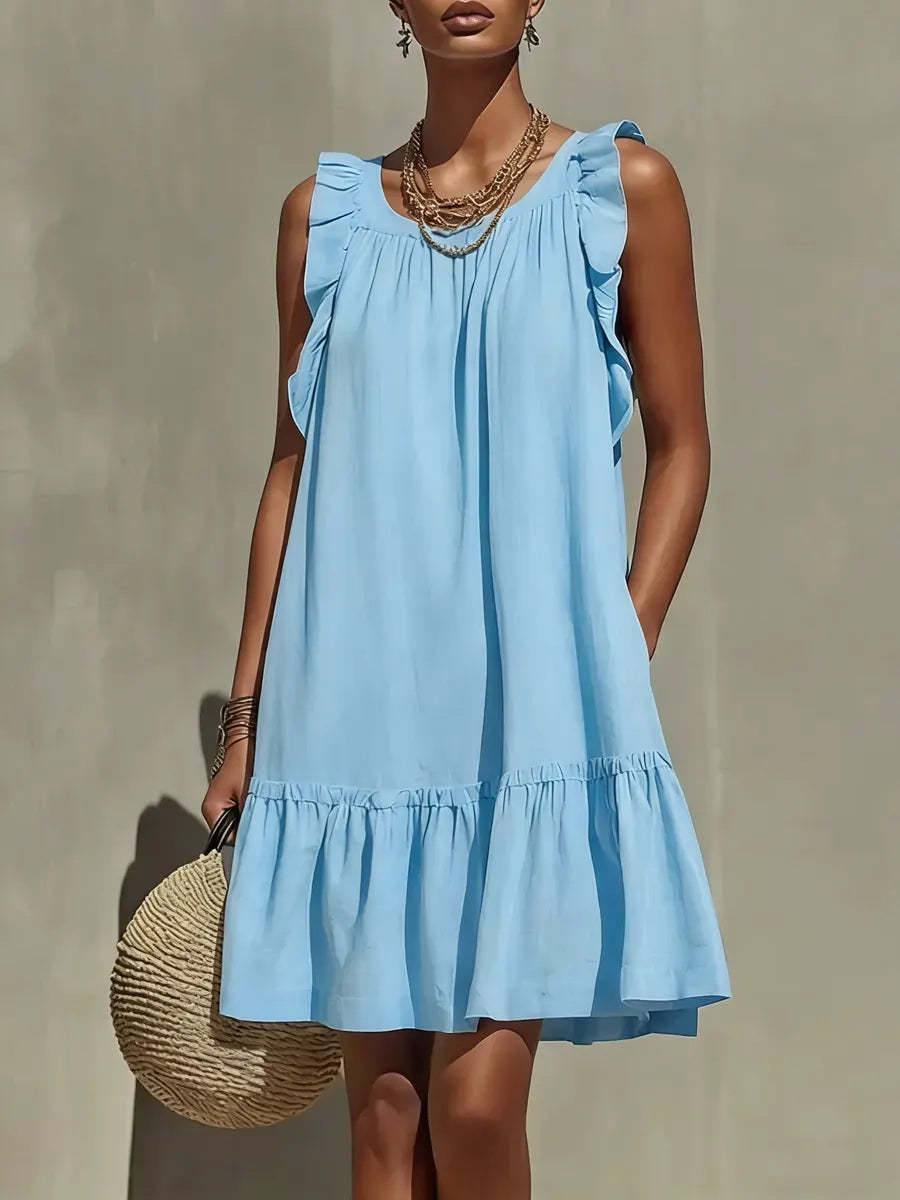 Casual Loose Round Neck Sleeveless Ruffle Trim Dress – Stylish A-Line Women's Fashion
