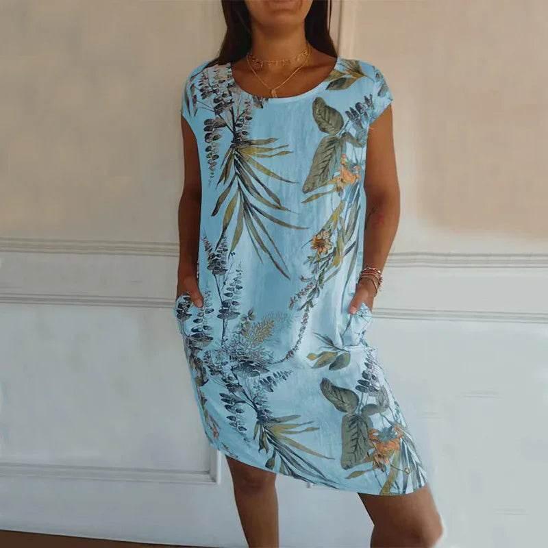 Floral Leaf Print Cotton Summer Dress with Pockets - ZA-Zola