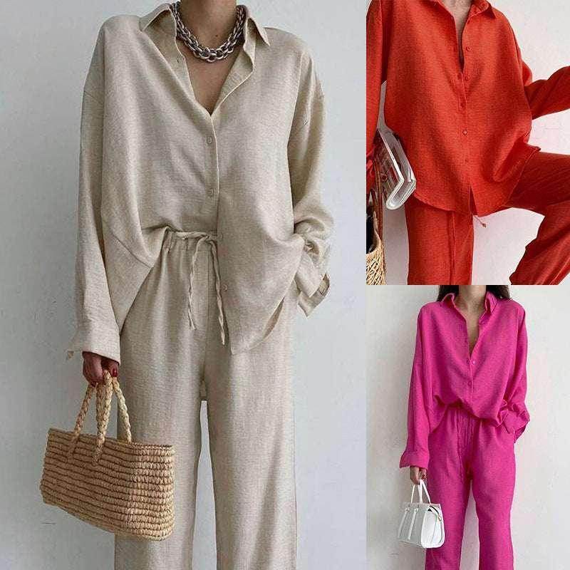 Women’s relaxed shirt and pants sets in beige, red, and pink from ZA-Zola UK fashion collection