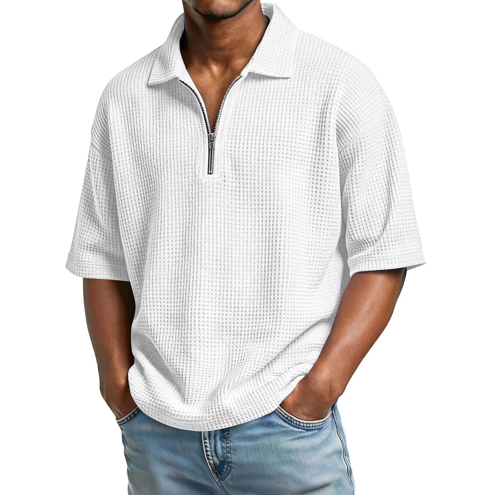 Man wearing a white textured short-sleeve shirt with a zipper on a white background