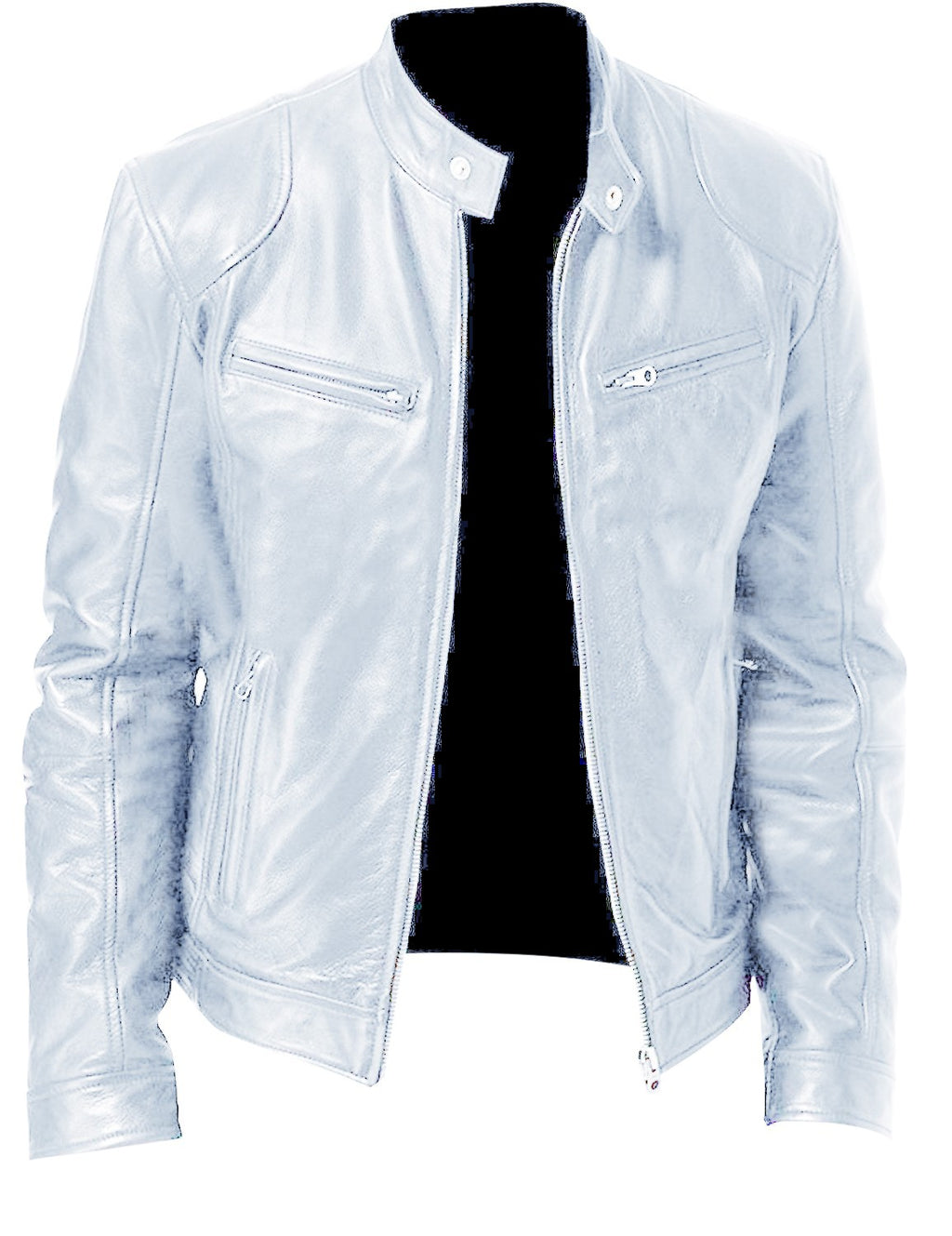 White leather jacket on a mannequin against a white background