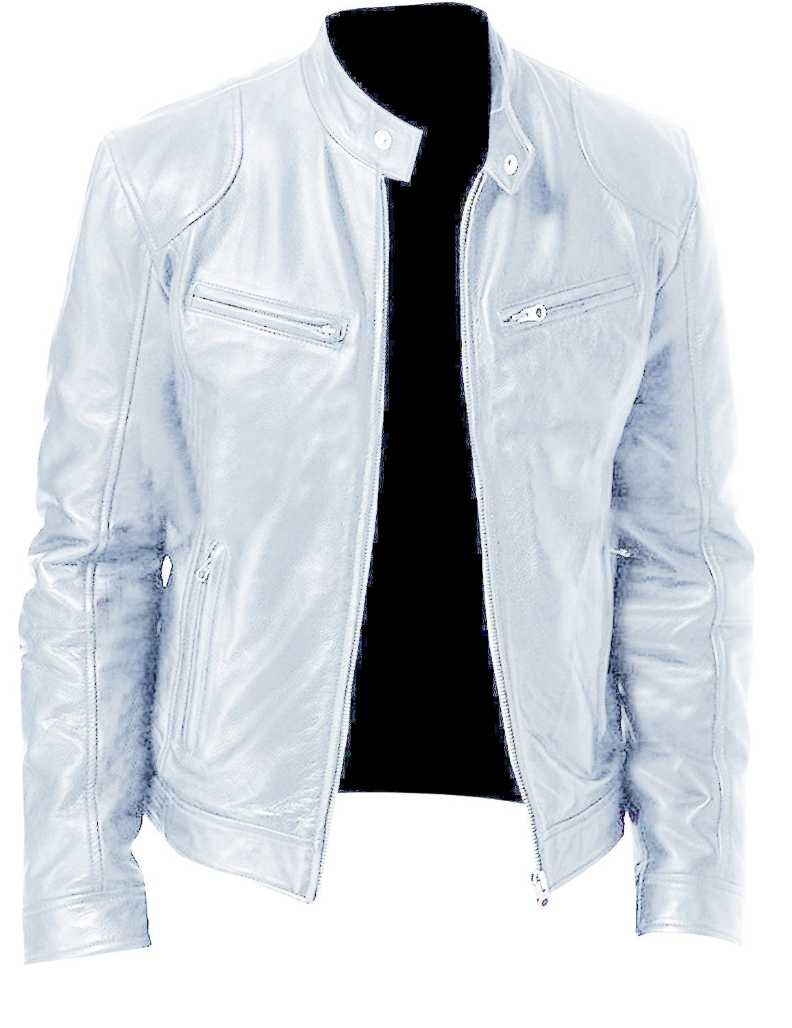 White leather jacket on a mannequin against a white background