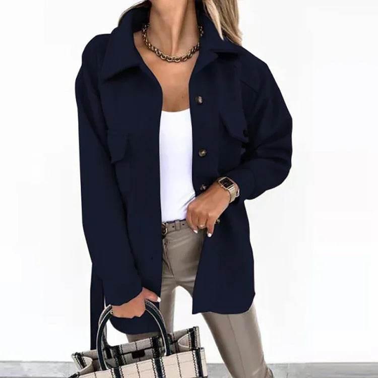 Long-Sleeved Temperament Solid Color Lapel Woolen Coat - ZA-Zola