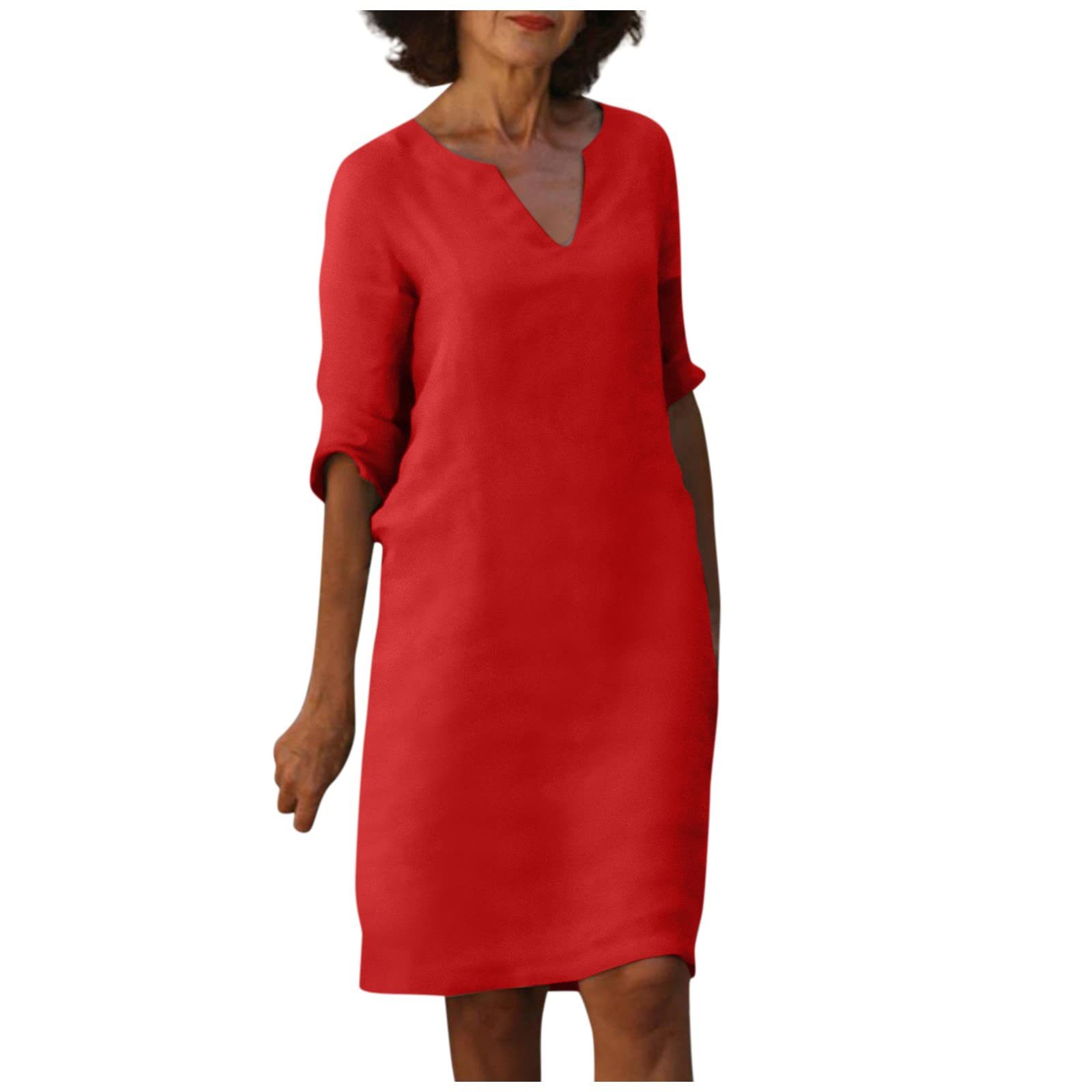 Cotton Linen V-Neck High Waist Retro Summer Dress – A-Line Solid Colour Mid-Length