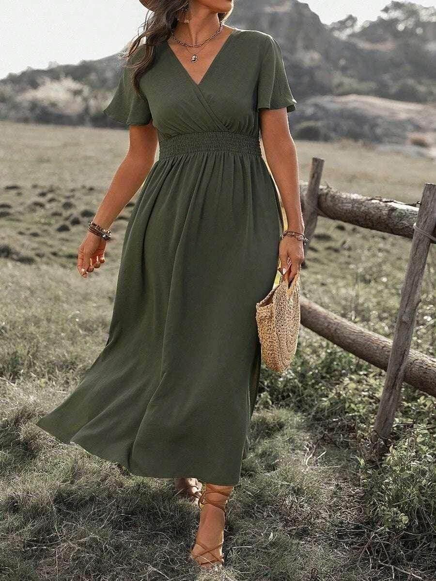 Elegant V-Neck Bell Sleeve Long Slit Dress - ZA-Zola