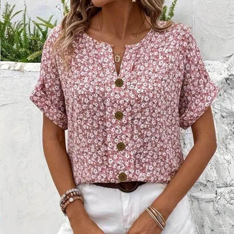 Jacquard V-Neck Short Sleeve T-Shirt – Pink - ZA-Zola