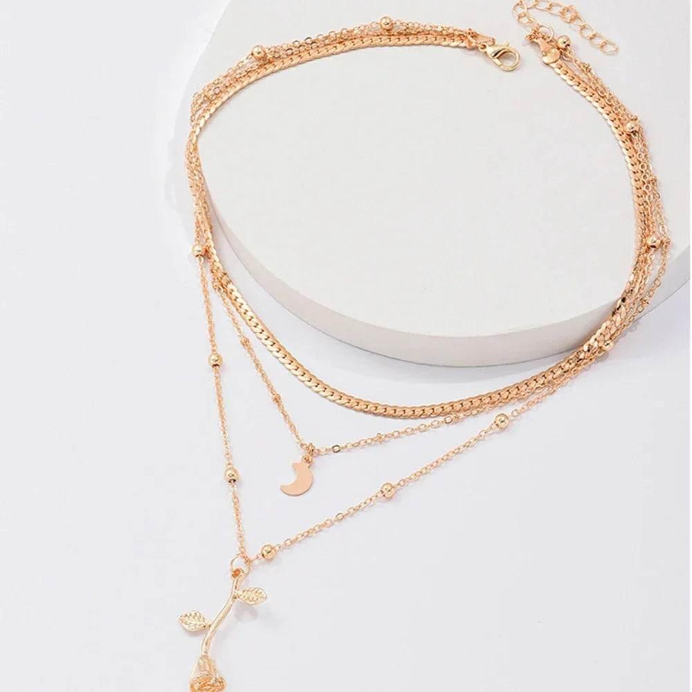Bohemian Gold Rose Moon Layered Pendant Necklace - ZA-Zola