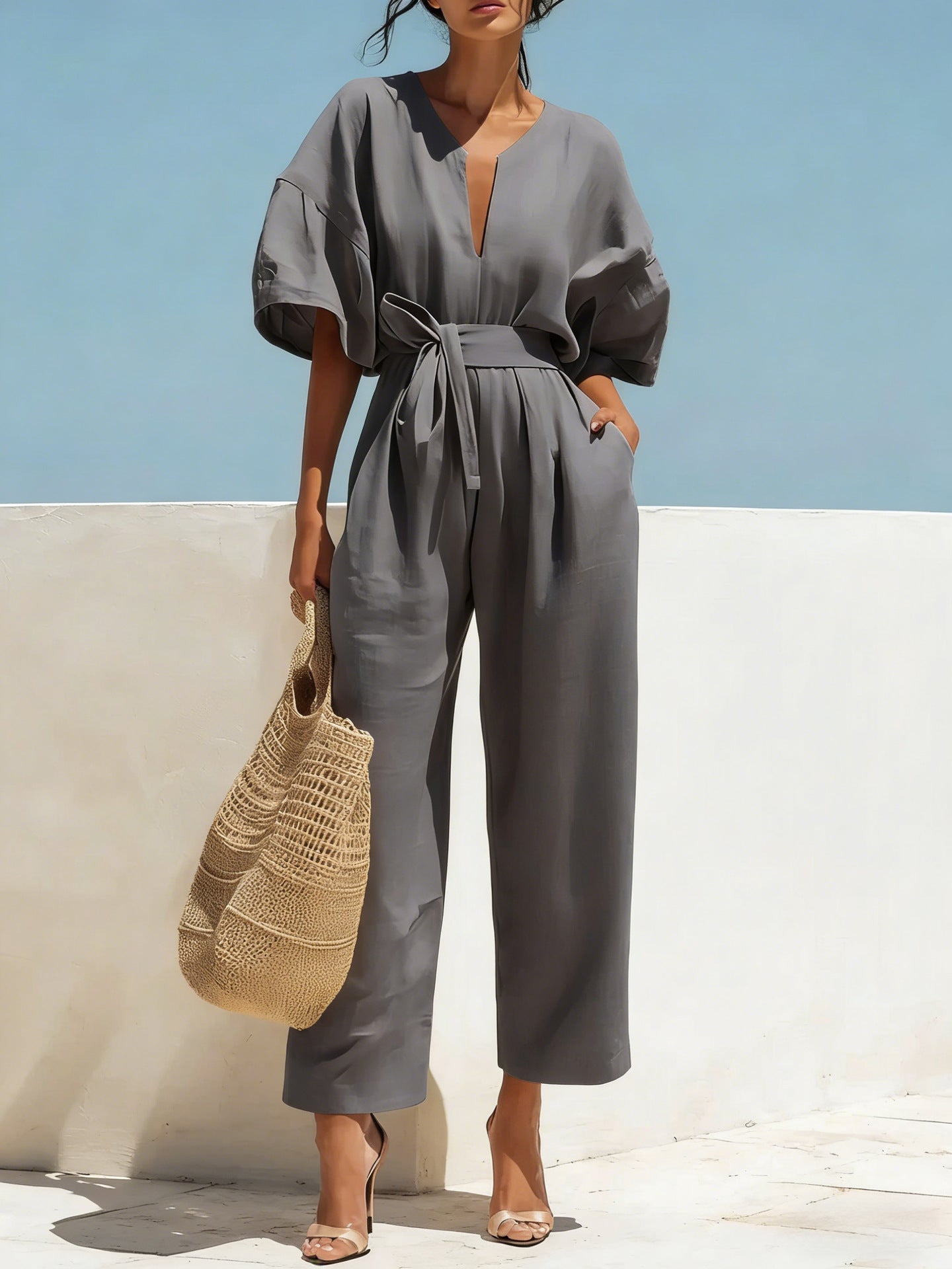 Fashionable V-Neck Cotton Linen Jumpsuit for Women – Solid Color Wide Leg