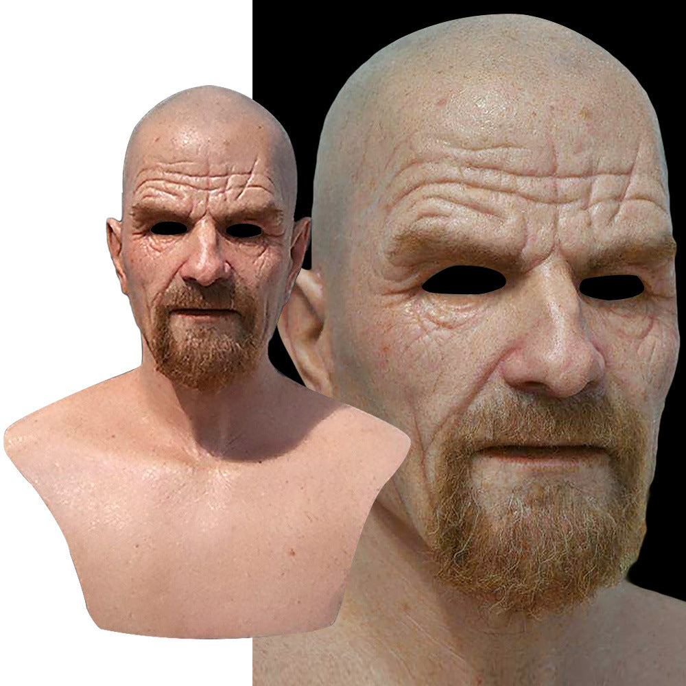 Realistic mask and bust of a bald man with a beard on a white background