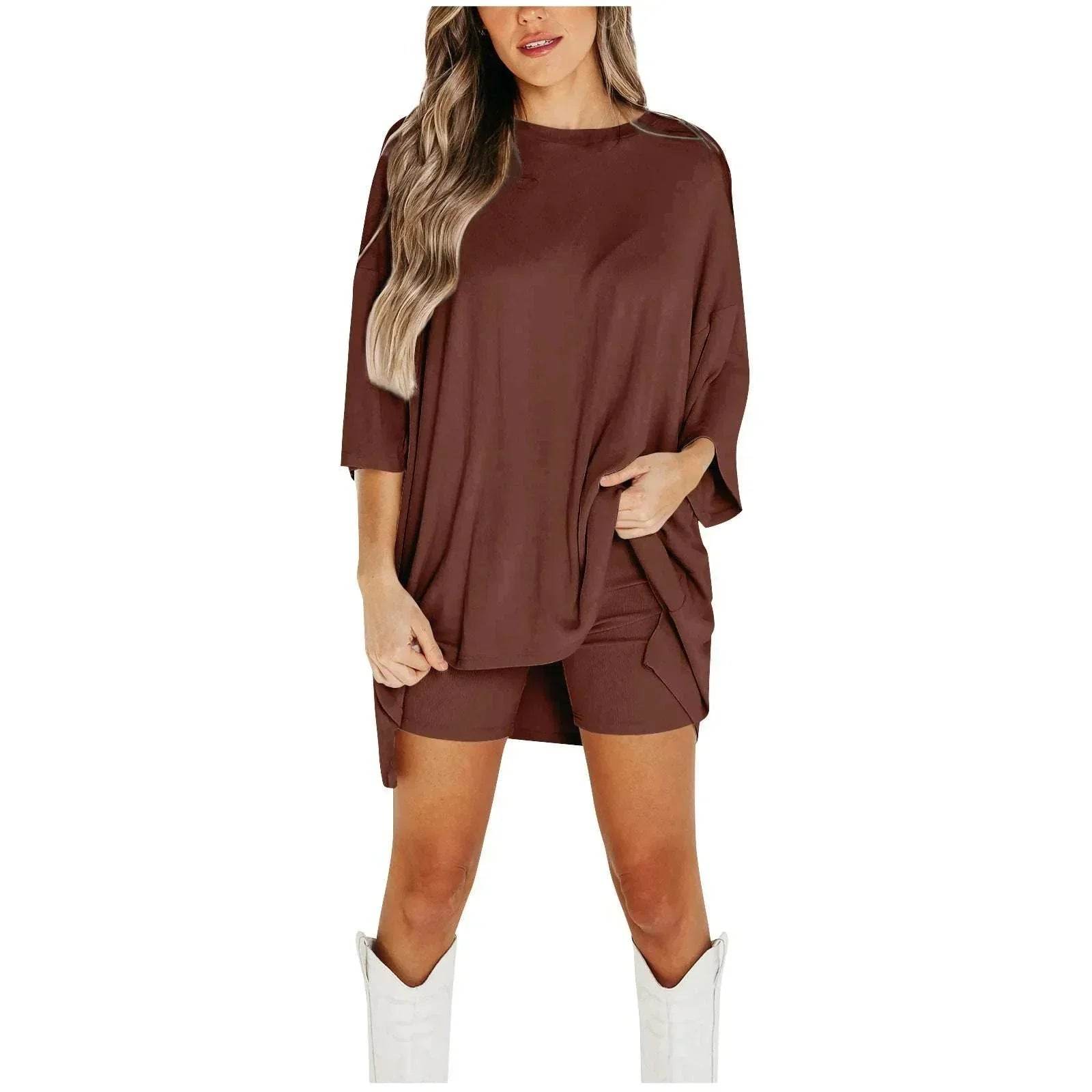 Woman wearing loose brown top and shorts set from ZA-Zola, stylish casual fashion outfit