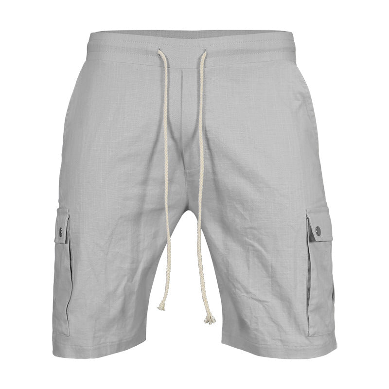 Khaki shorts with drawstring on a white background