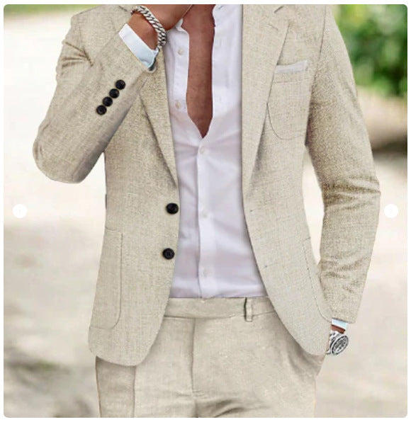 Beige suit jacket and pants with a white shirt, outdoor setting