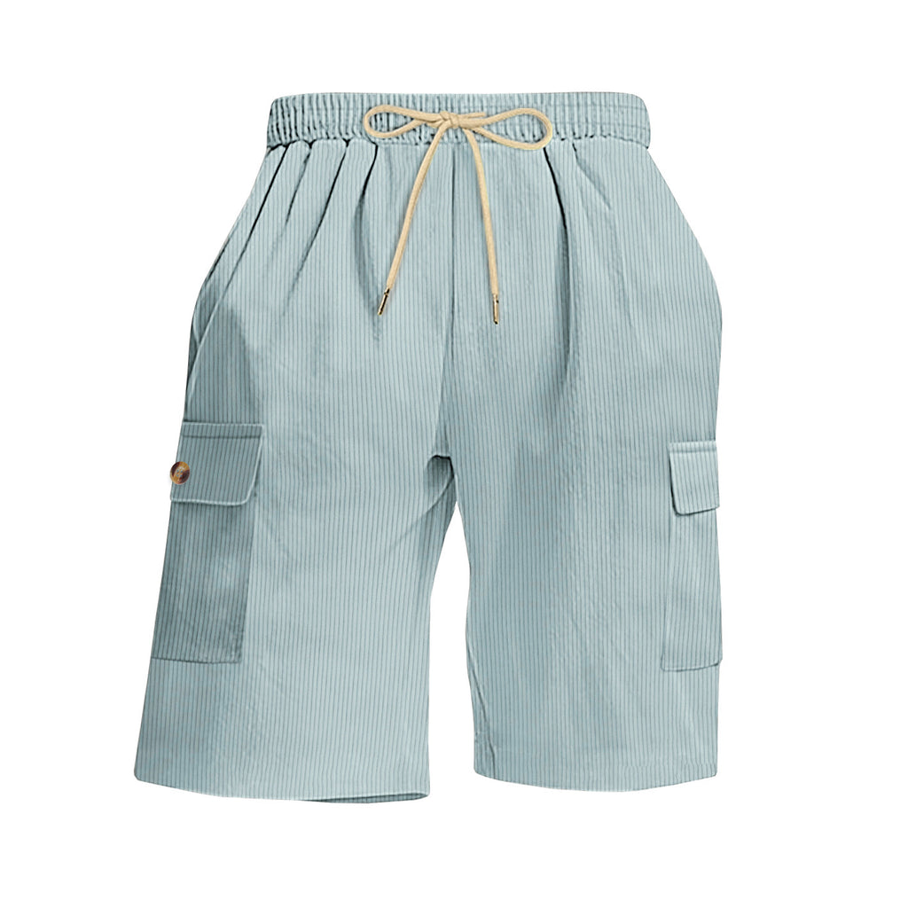 Light blue striped shorts with a drawstring on a white background