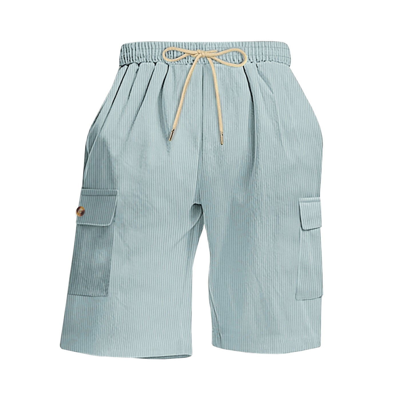 Light blue striped shorts with a drawstring on a white background