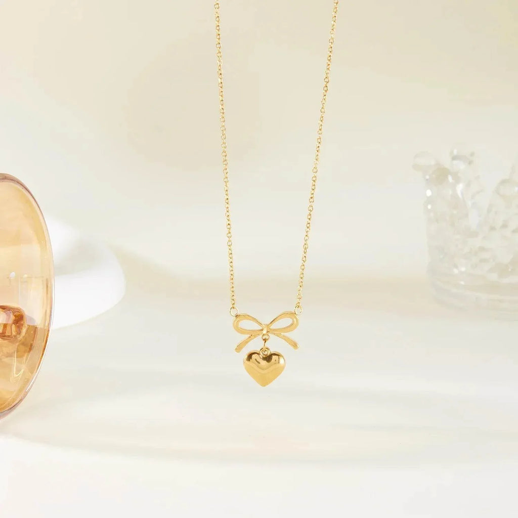 Stainless Steel Heart Bowknot Charm Necklace – Women's Fashion - ZA-Zola
