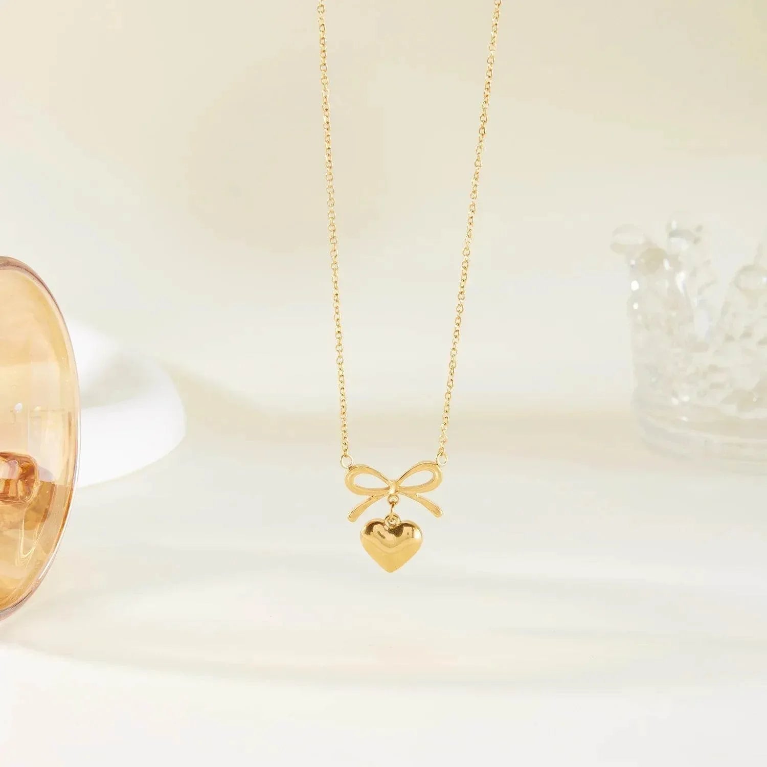 Stainless Steel Heart Bowknot Charm Necklace – Women's Fashion - ZA-Zola