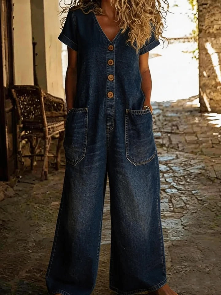 Person wearing a denim jumpsuit with a rustic background