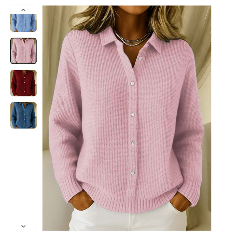 Pink ribbed sweater worn by a person with color swatches of other sweater colors on the left.
