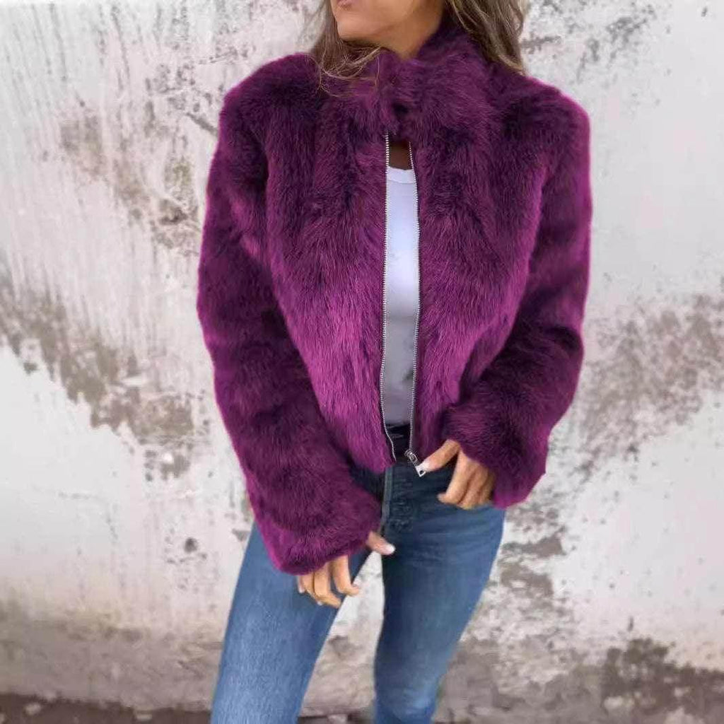 Winter Plush Stand Collar Jacket – Fleece Zipper Coat for Women - ZA-Zola