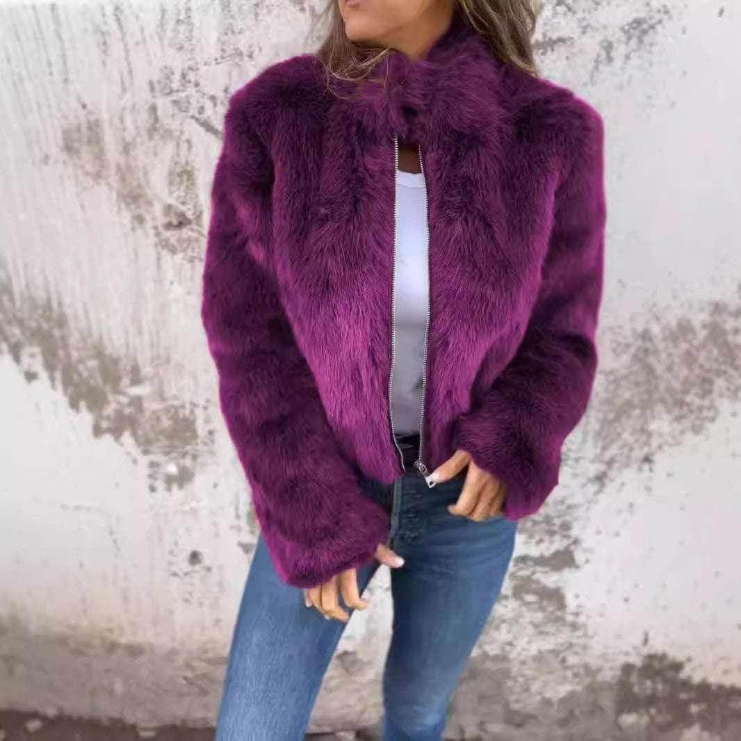 Winter Plush Stand Collar Jacket – Fleece Zipper Coat for Women - ZA-Zola