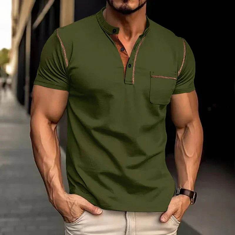 Men's green short sleeve henley shirt with pocket, stylish casual ZA-Zola fashion.