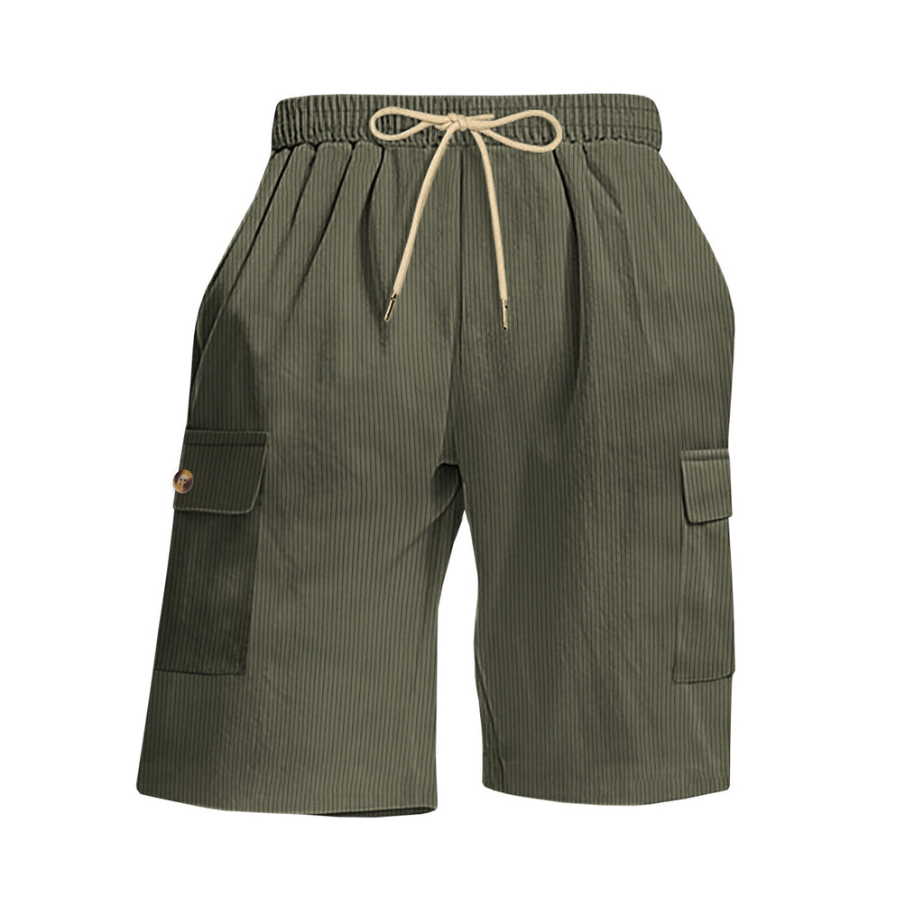 Green cargo shorts with a drawstring on a white background