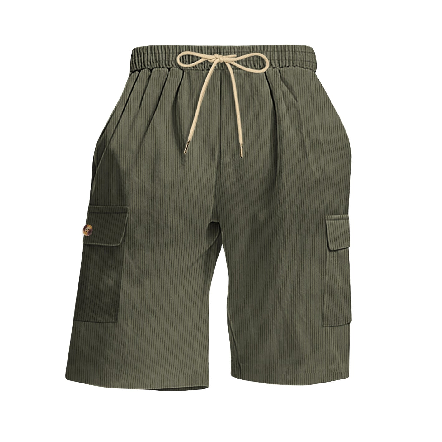 Green cargo shorts with a drawstring on a white background